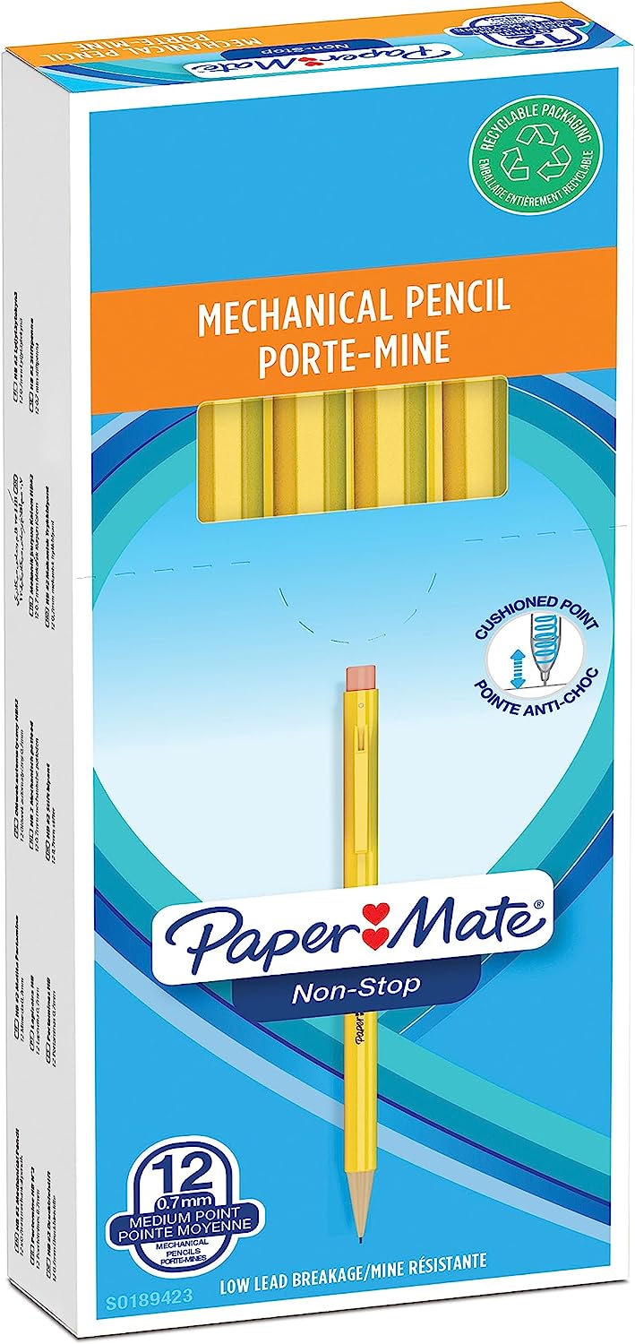 Paper Mate Non-Stop Mechanical Pencil | 0.7mm | HB #2 | Yellow Barrel | 12 Count